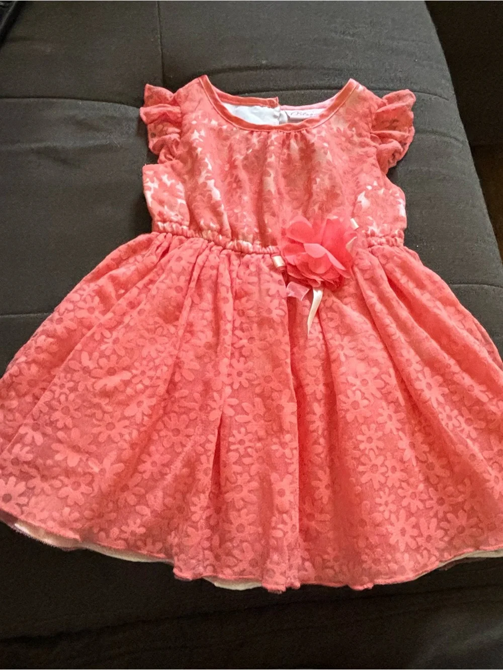 bloom Coral Pink Lace Floral Party Dress with Flower Accent